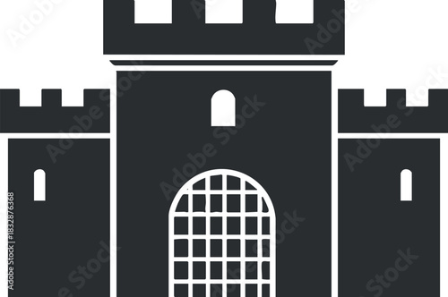 Stylized black and white vector illustration of a medieval castle with towers and gate for design and branding projects