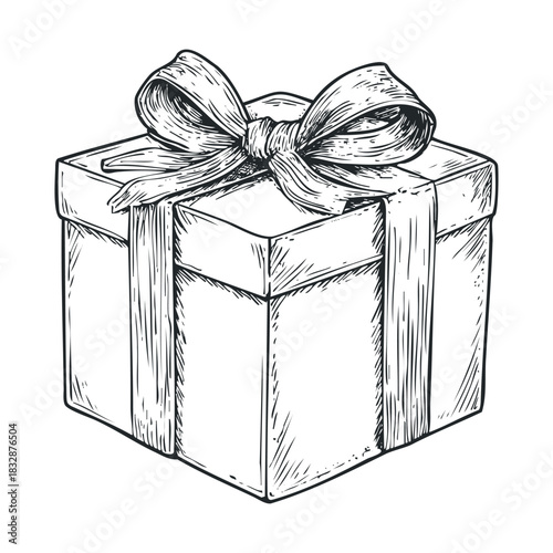 Engraving of a gift box wrapped with a large ribbon.