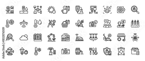 Smart farming and agriculture line icon set. Vector pictograms of plant growth analysis, irrigation, robot farming, and weather control, thin linear illustration.