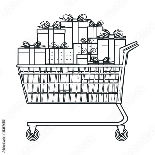 Engraving of a shopping buggy overflowing with presents.