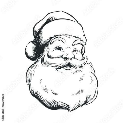 Shaded sketch of Santa Claus head with full beard.