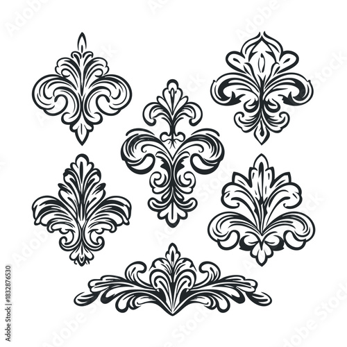 Engraving of six ornate symmetrical decorative flourishes.
