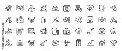 Smart pet care and monitoring line icon set. Vector pictograms of tracking, feeding, technology, and health, thin linear illustration.