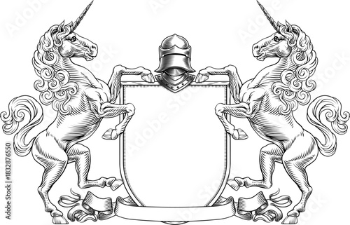 A heraldry crest unicorn horse family coat of arms heraldic shield emblem design in an old medieval vintage style