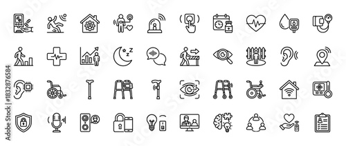 Senior care line icon set. Vector pictograms of medical health, accessibility devices, and remote monitoring, thin linear illustration.