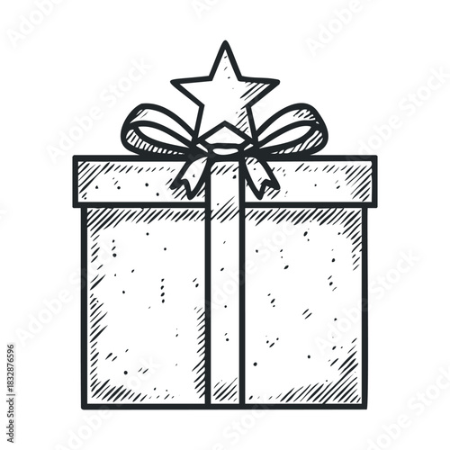 Shaded sketch of a frontal view gift box with a star.