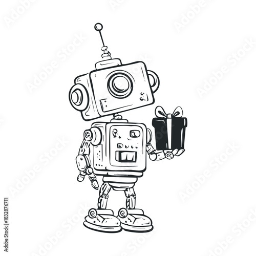 Hand drawn robot holding a wrapped present.
