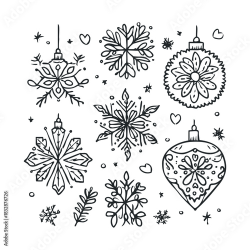 Hand drawn collection of snow flakes and glass ornaments.