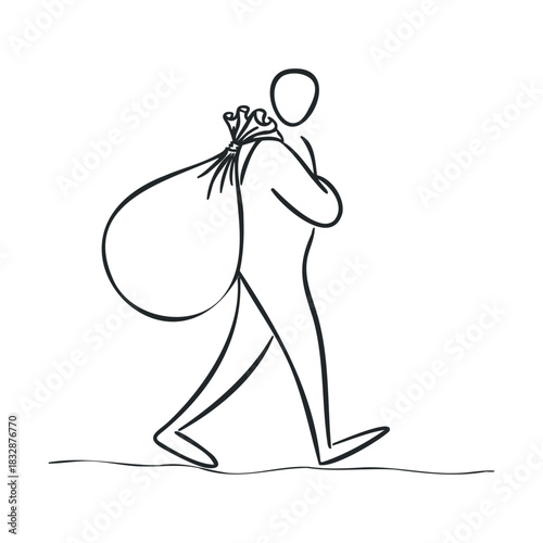 Line drawing of a person carrying a heavy sack.