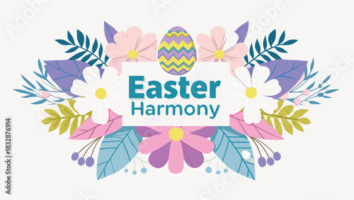A vibrant easter greeting card design featuring a decorative easter egg and a floral arrangement with the words easter harmony in the center