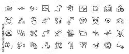 Technology and artificial intelligence line icon set. Vector pictograms of face recognition, cloud computing, and voice assistant, thin linear illustration.