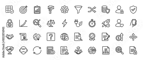 Business line icon set. Vector pictograms of success, finance, development, security, and strategy, thin linear illustration.