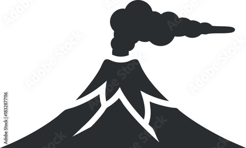 Stylized black silhouette of a volcano with smoke and ash emissions, ideal for environmental and geological design projects
