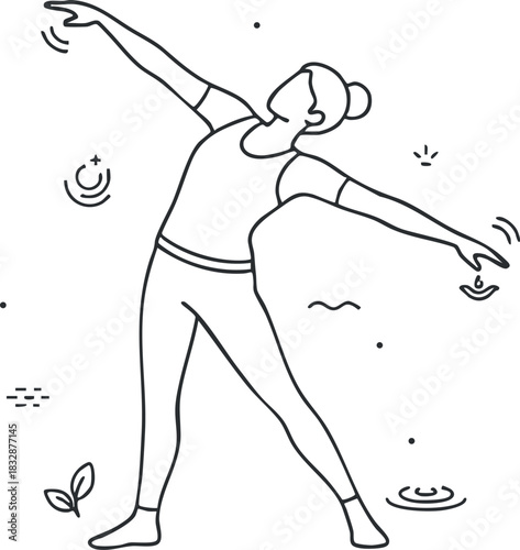 Minimalist line art illustration of a woman stretching in a natural setting, suitable for health and wellness themes.