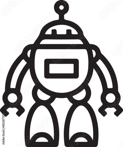 Stylized cartoon robot silhouette with a rounded body and mechanical arms and legs isolated on transparent background