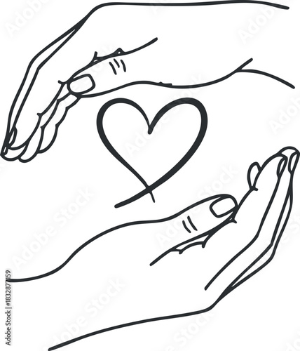 Line art illustration of two hands cradling a heart symbol, representing care and compassion in a minimalist style