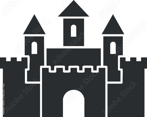 Minimalist black and white vector illustration of a medieval castle, featuring towers and fortified walls, ideal for design and branding purposes.
