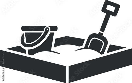 Minimalist black and white vector illustration of a sandbox with a bucket and shovel for children's play and outdoor activities