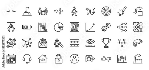 Business and technology line icon set. Vector pictograms of teamwork, robot, chart, maze, settings, and security, thin linear illustration.