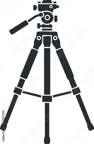 Minimalist black vector illustration of a photography tripod designed for camera stabilization and filming projects