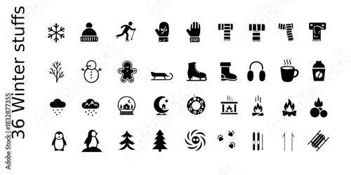 Collection of winter themed icons and symbols silhouette isolated on transparent background