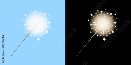 Vector cartoon sparkler stick, options for light and dark backgrounds. Single party sparkler is lit and burning with sparks of star shapes. Illustration for festive celebration and holiday design.