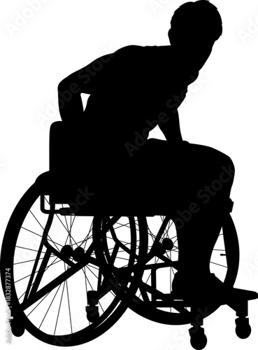 Silhouette of a male athlete seated in a sports wheelchair, leaning forward with hands positioned near his sides, appearing alert and ready for defensive movement during a game.