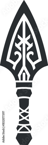 Stylized black and white vector illustration of a decorative spear design, suitable for mythology and fantasy themes