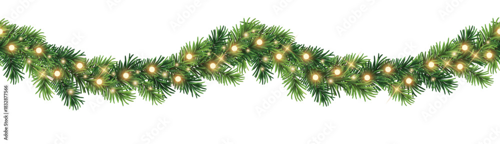 Fototapeta premium Seamless decorative vector christmas border with coniferous branches and garlands of christmas lights on transparent background