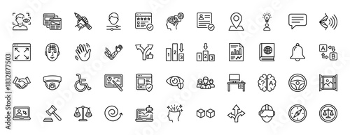 Technology and accessibility line icon set. Vector pictograms of face recognition, brain, disability, and virtual reality, thin linear illustration.