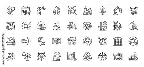 Sustainable agriculture and future technology line icon set. Vector pictograms of smart farming, biotechnology, recycling, and climate change, thin linear illustration.