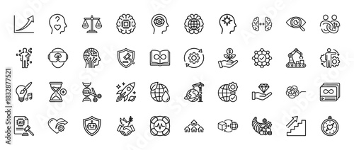 Technology and innovation line icon set. Vector pictograms of artificial intelligence, ethics, sustainability, robotics, startup and vr, thin linear illustration.