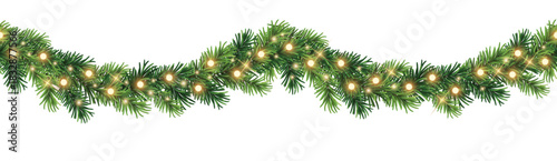 Seamless decorative vector christmas border with coniferous branches and garlands of christmas lights on transparent background