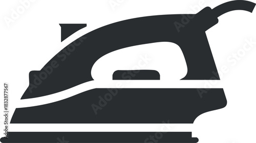 Minimalist black and white vector illustration of an iron appliance for home cleaning and laundry tasks
