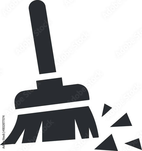 Minimalist black and white vector illustration of a broom sweeping debris, ideal for cleaning service branding and design projects