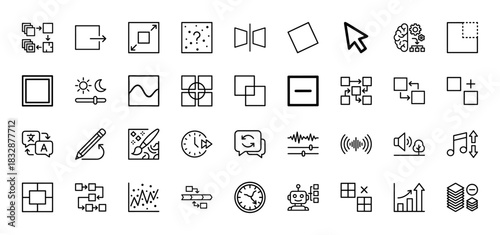 Data processing and image editing line icon set. Vector pictograms of robot, brain, resize, crop, chart, audio, translate, brightness, layers, thin linear illustration.