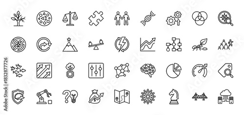 Business and strategy line icon set. Vector pictograms of growth chart, network, puzzle, gear, and brain, thin linear illustration.