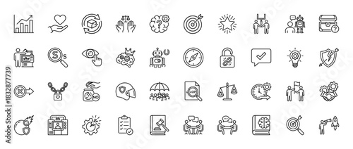 Business and strategy line icon set. Vector pictograms of growth, targeting, balance, protection, and security, thin linear illustration.