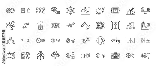 Technology and business line icon set. Vector pictograms of machine learning, development, analysis, and data security, thin linear illustration.
