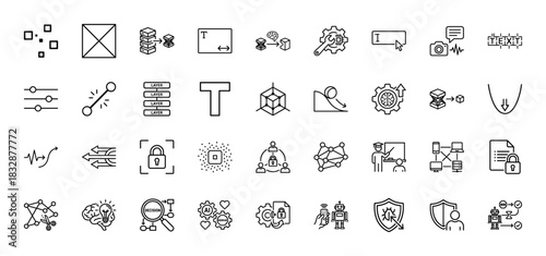 Artificial intelligence and machine learning line icon set. Vector pictograms of neural networks, data processing, algorithms, and security, thin linear illustration.