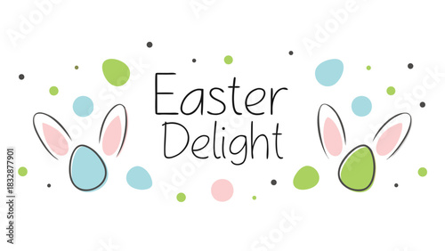 Whimsical easter delight with cute bunny ears and colorful eggs scattered around on a white background