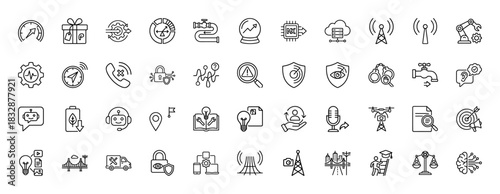 Technology and innovation line icon set. Vector pictograms of brain, robot, drone, cloud, shield, antenna, gear, chatbot, analytics, thin linear illustration.