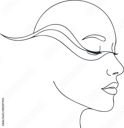 Elegant minimalist line art illustration of a female face profile with flowing hair for beauty and fashion design projects