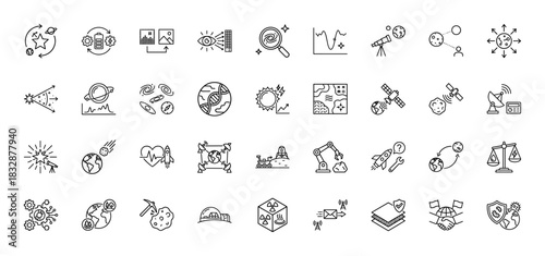 Space and astronomy line icon set. Vector pictograms of planets, satellites, telescopes, and rovers, thin linear illustration.