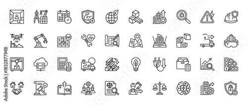 Construction and engineering line icon set. Vector pictograms of drone, robot, calculator, brain, and building, thin linear illustration.
