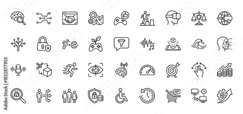 Technology and business line icon set. Vector pictograms of artificial intelligence, gaming, cybersecurity, and finance, thin linear illustration.