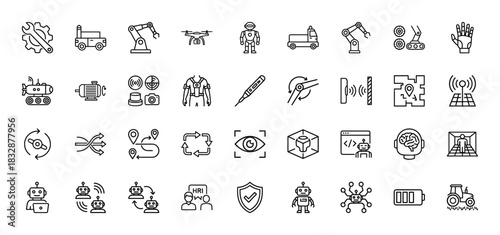 Robotics and automation line icon set. Vector pictograms of industrial arm, drone, sensor, and battery, thin linear illustration.