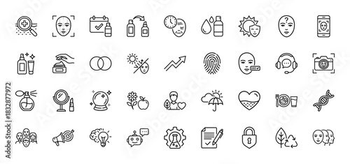 Beauty and dermatology line icon set. Vector pictograms of face recognition, skin care, cosmetics, and anti-aging, thin linear illustration.