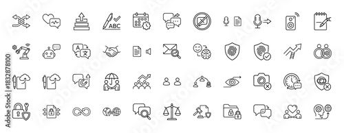 Business and technology line icon set. Vector pictograms of security, data, communication, and legal concepts, thin linear illustration.