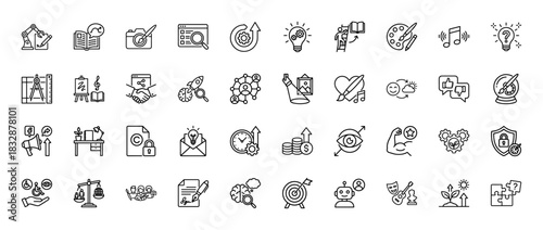 Creative business and technology line icon set. Vector pictograms of robotics, idea generation, art, finance, and intellectual property, thin linear illustration.